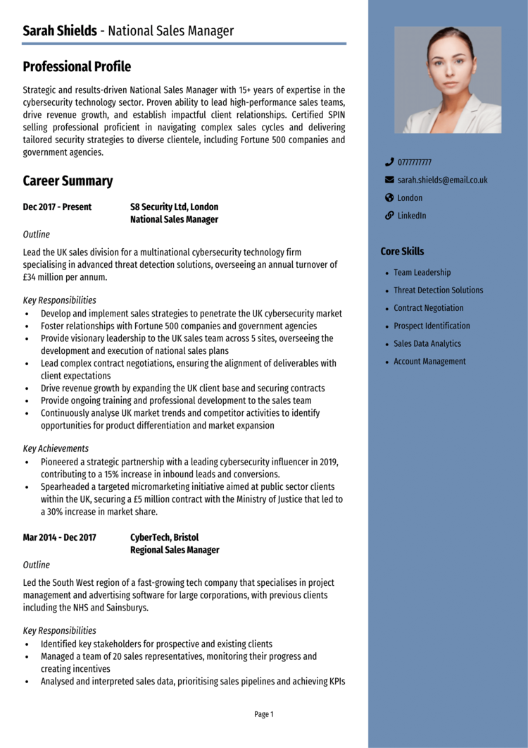 National Sales Manager CV