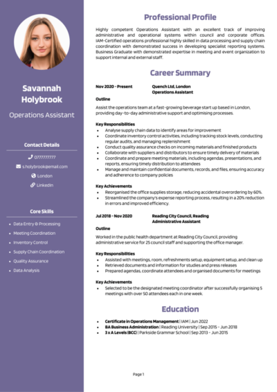 Operations Assistant CV examples