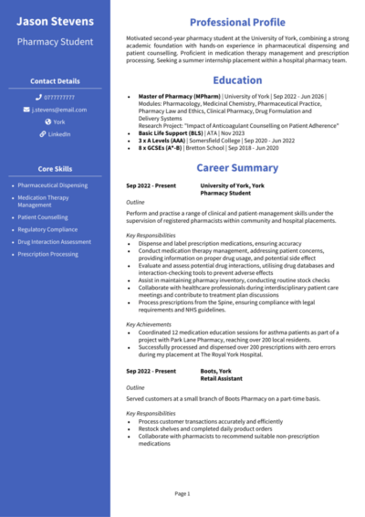 Pharmacy Student CV example