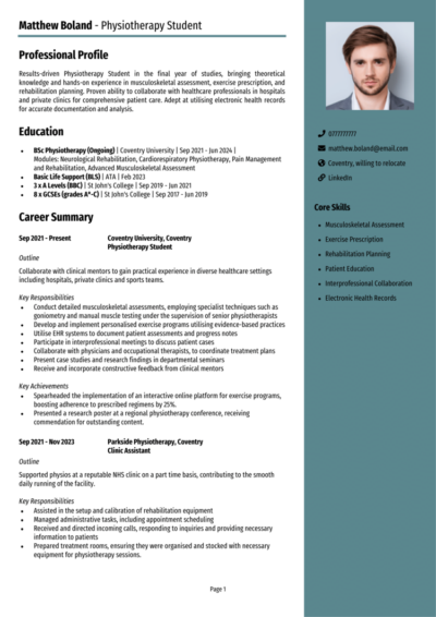Physiotherapy Student CV example