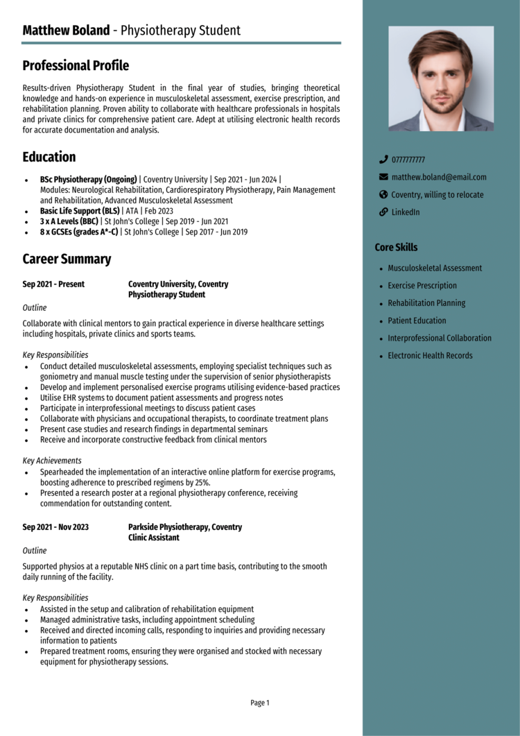 Physiotherapy Student CV 1