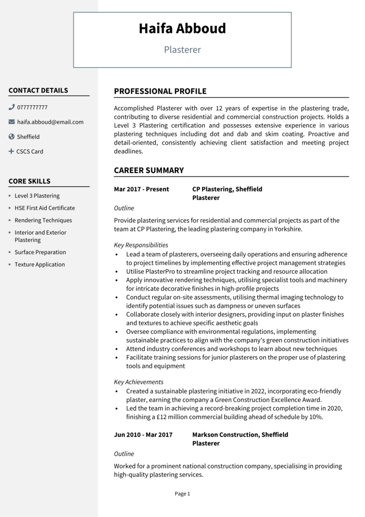 Plasterer CV 1