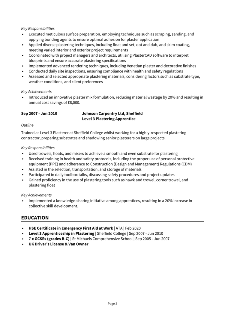 Plasterer CV 2