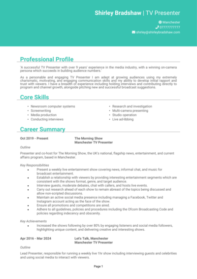 TV Presenter CV example