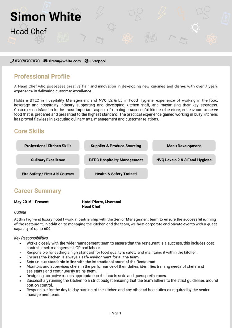 Head Chef CV