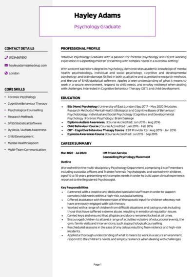 Psychology graduate CV examples
