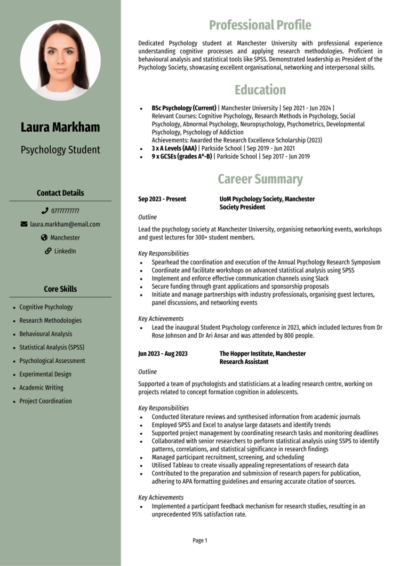 Psychology Student CV example