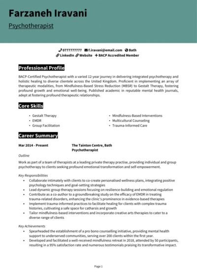 Psychotherapist CV example