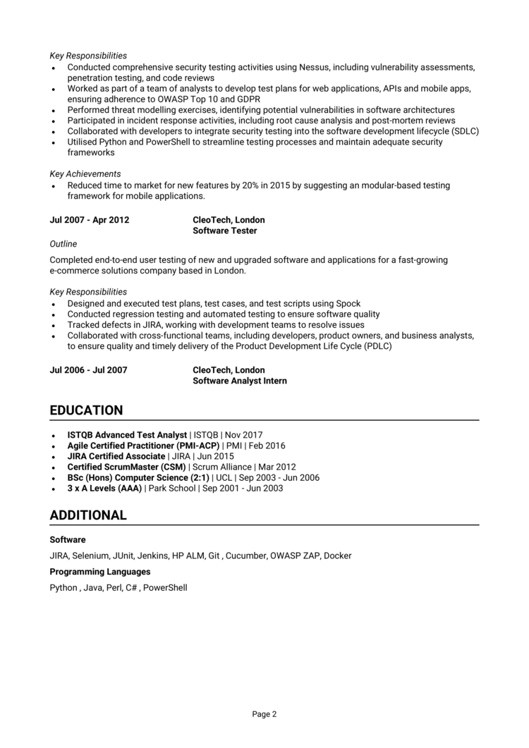 Test Analyst CV-2