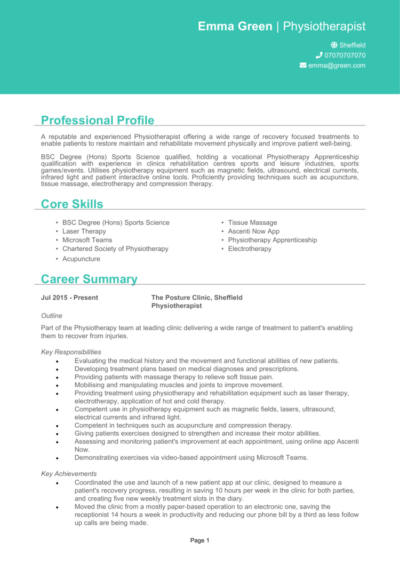 Physiotherapist CV examples