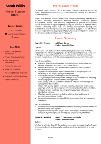 Project Support Officer CV example