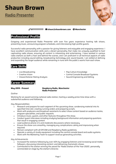 Radio Presenter CV example