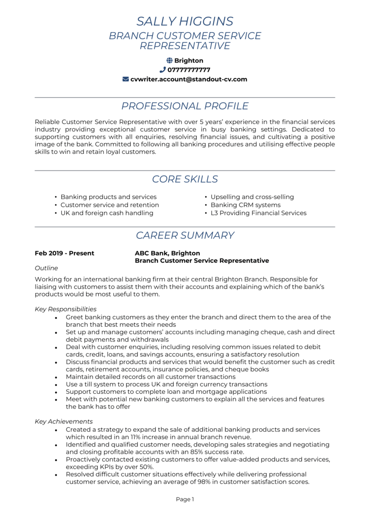 Customer service CV example