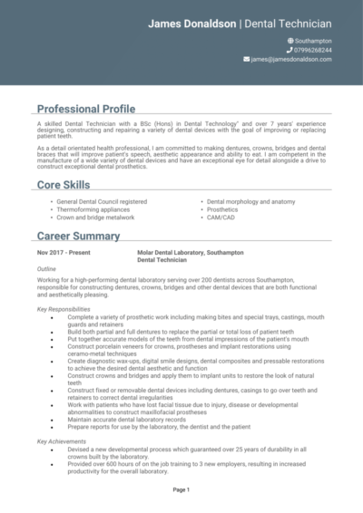 Dental Technician CV examples