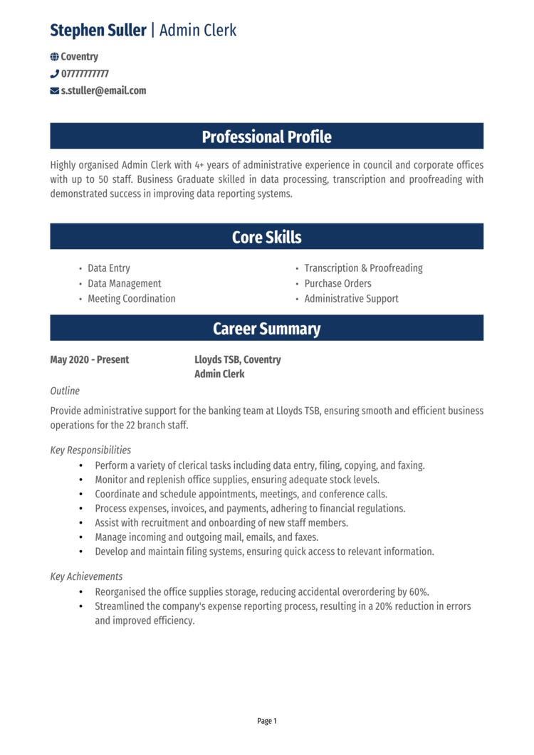 Admin Clerk CV