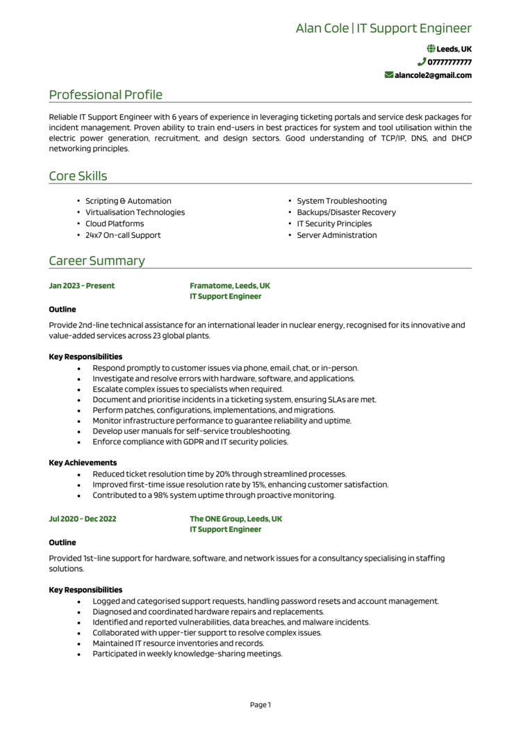 IT Support Engineer CV
