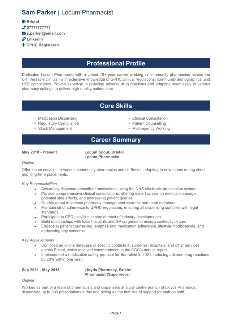 Locum Pharmacist CV