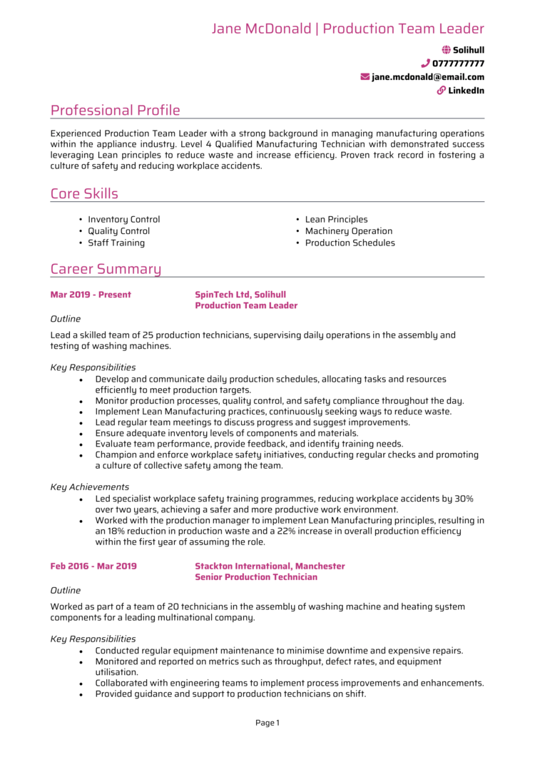 Production Team Leader CV
