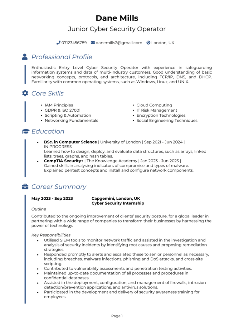 Entry Level Cyber Security CV