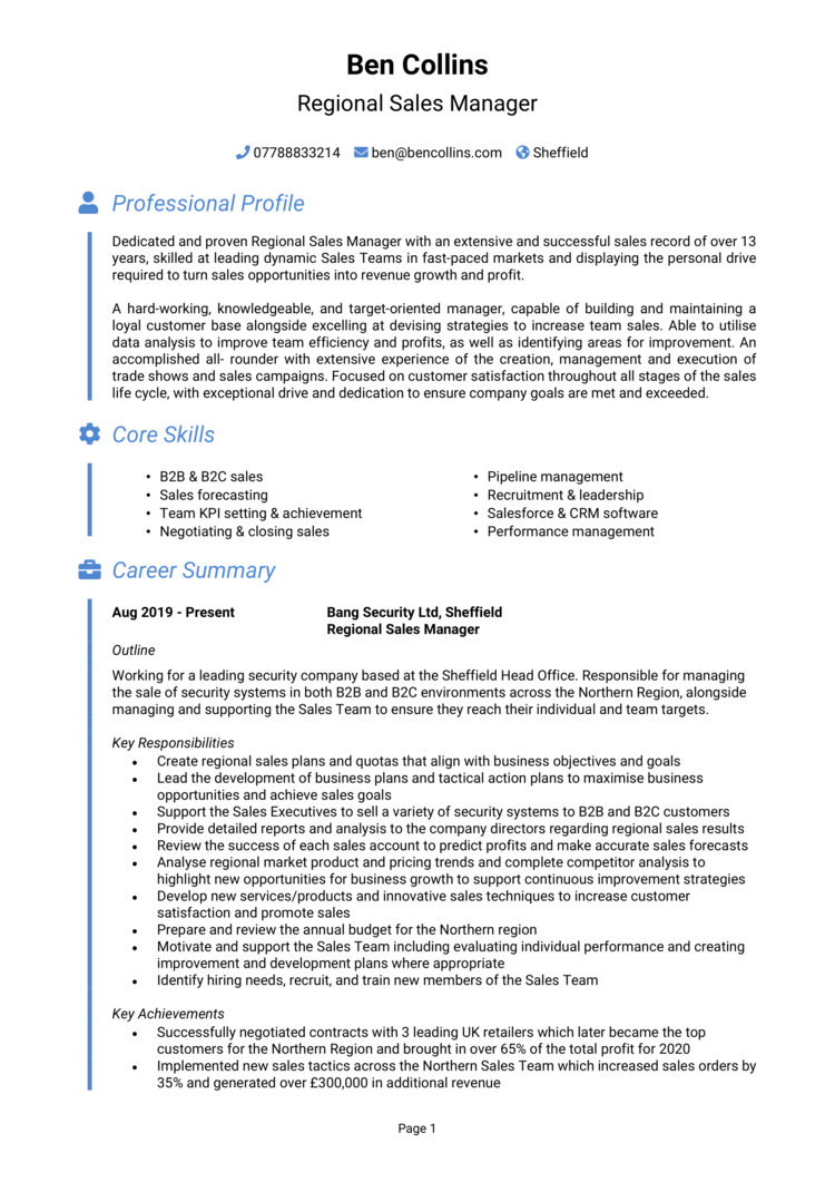 Regional Sales Manager CV-1 Regional Sales Manager CV