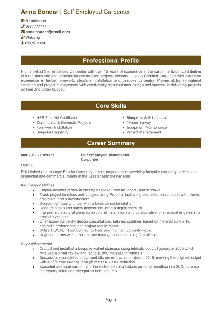 Self Employed Carpenter CV