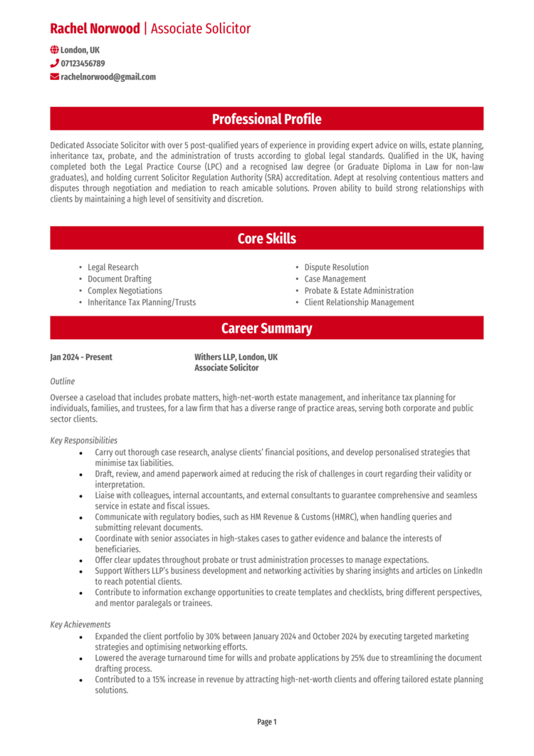 Associate Solicitor CV-1 Associate Solicitor CV