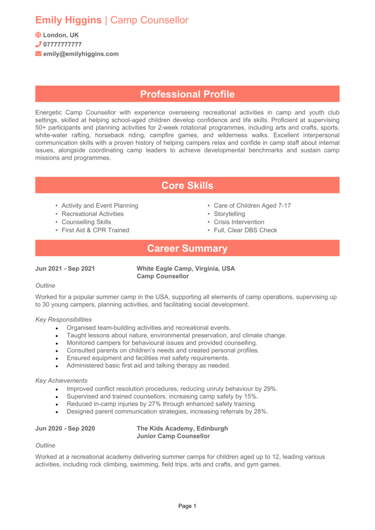 Camp Counsellor CV 2-1 Camp Counsellor CV