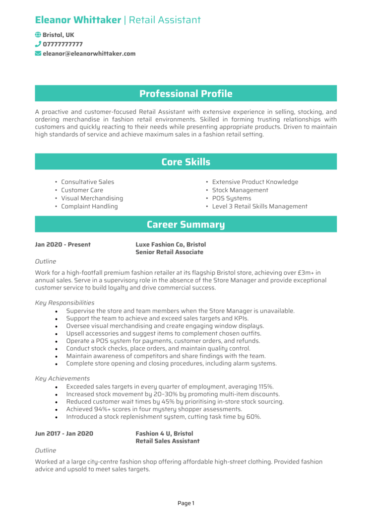 Clothes Shop Assistant CV