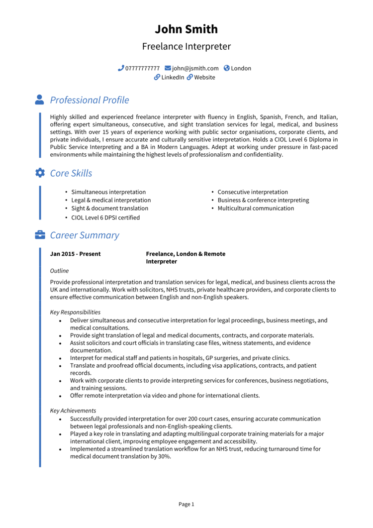 Freelance Interpreter CV