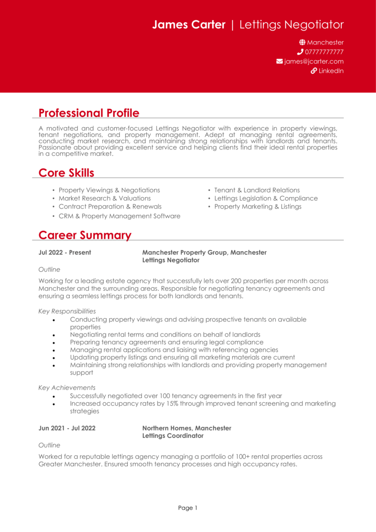 Lettings Negotiator CV-1 Lettings Negotiator CV