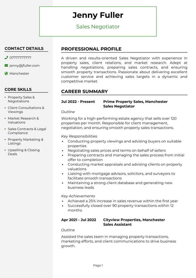Sales Negotiator CV-1 Sales Negotiator CV
