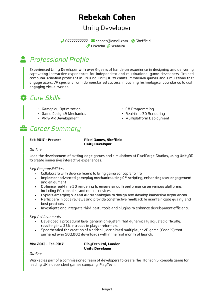 Unity Developer CV