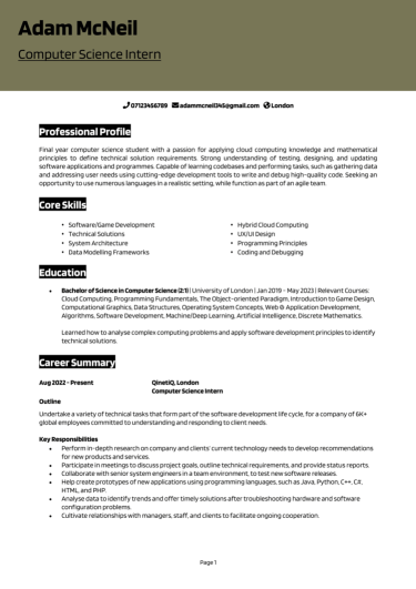 Computer Science Internship CV