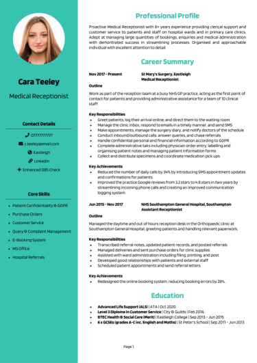 Medical Receptionist CV